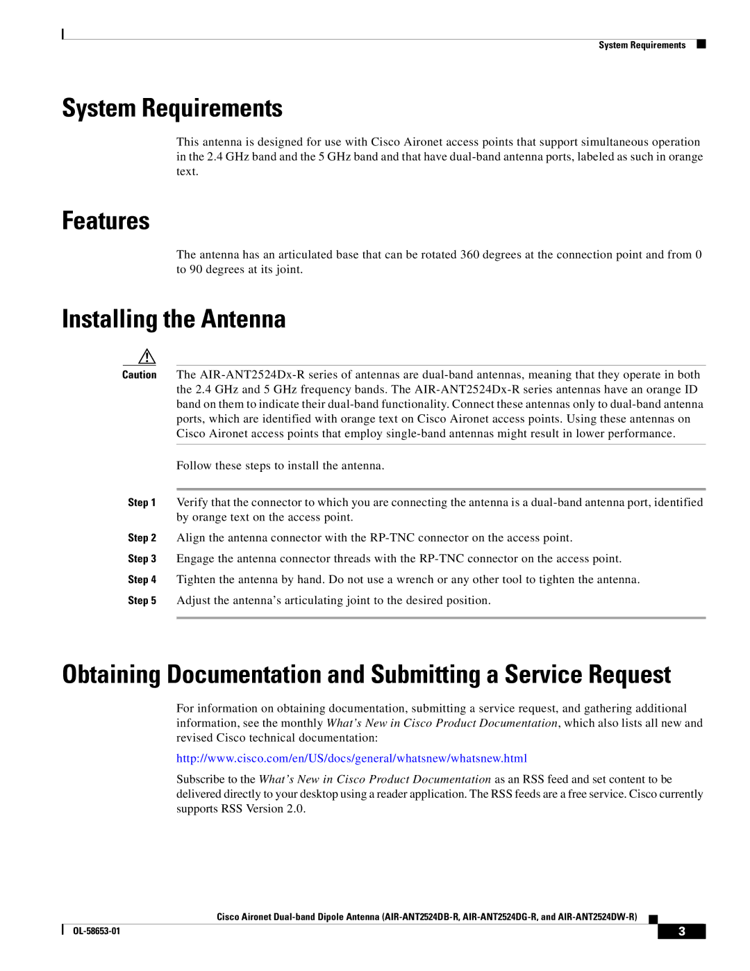Cisco Systems AIRANT2524DGR, AIRANT2524DWR, AIRANT2524DBR System Requirements, Features, Installing the Antenna 