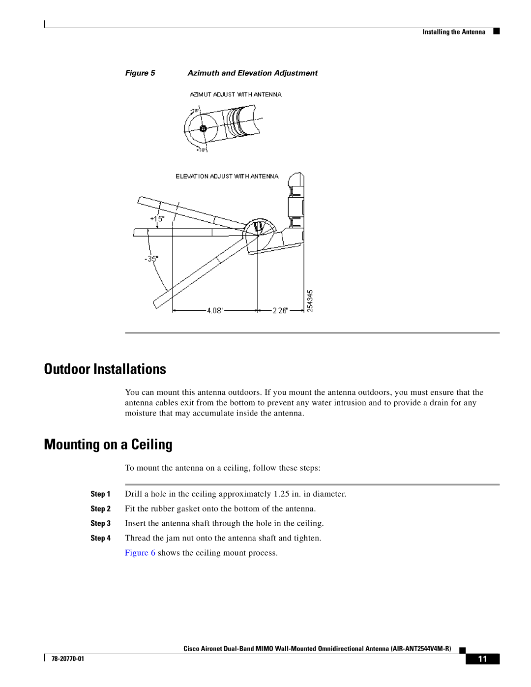 Cisco Systems AIRANT2544V4MR specifications Outdoor Installations, Mounting on a Ceiling 