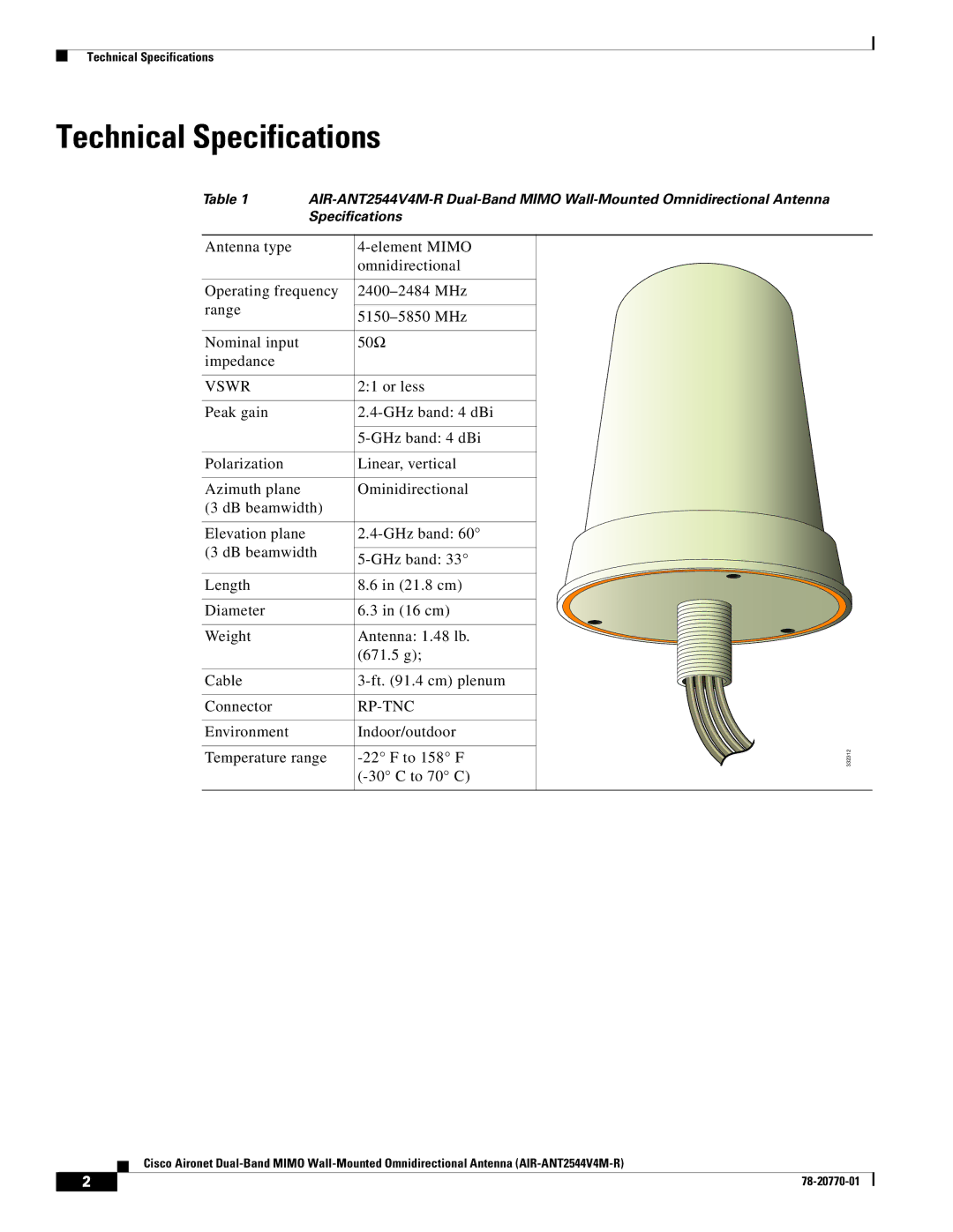 Cisco Systems AIRANT2544V4MR specifications Technical Specifications, Vswr 