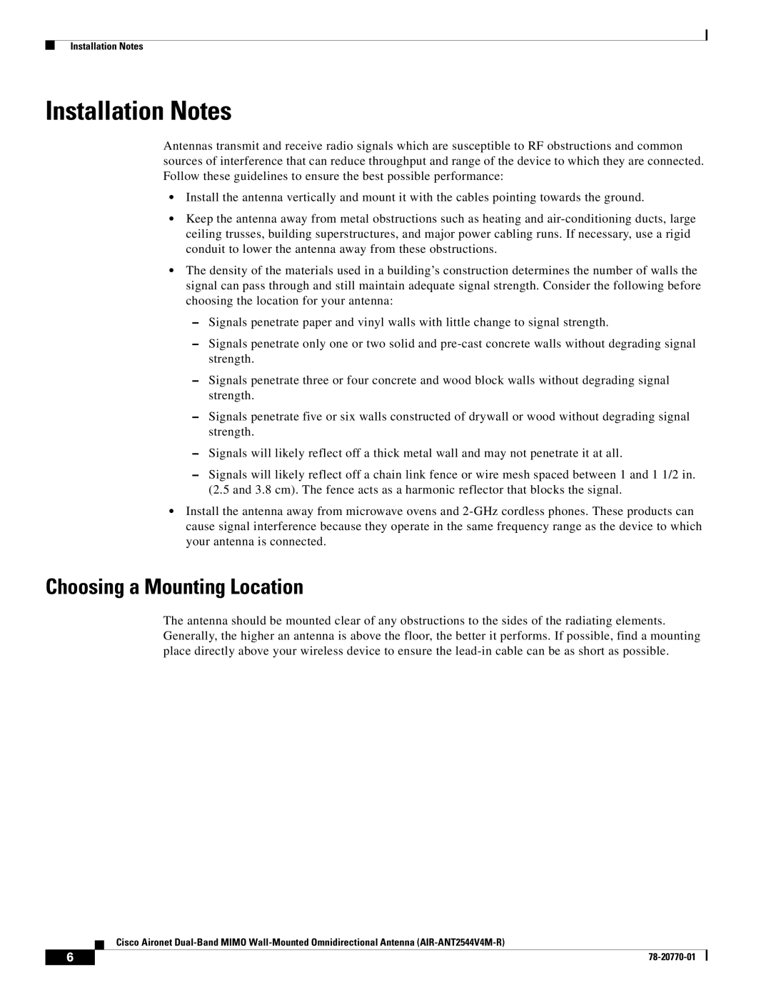 Cisco Systems AIRANT2544V4MR specifications Installation Notes, Choosing a Mounting Location 