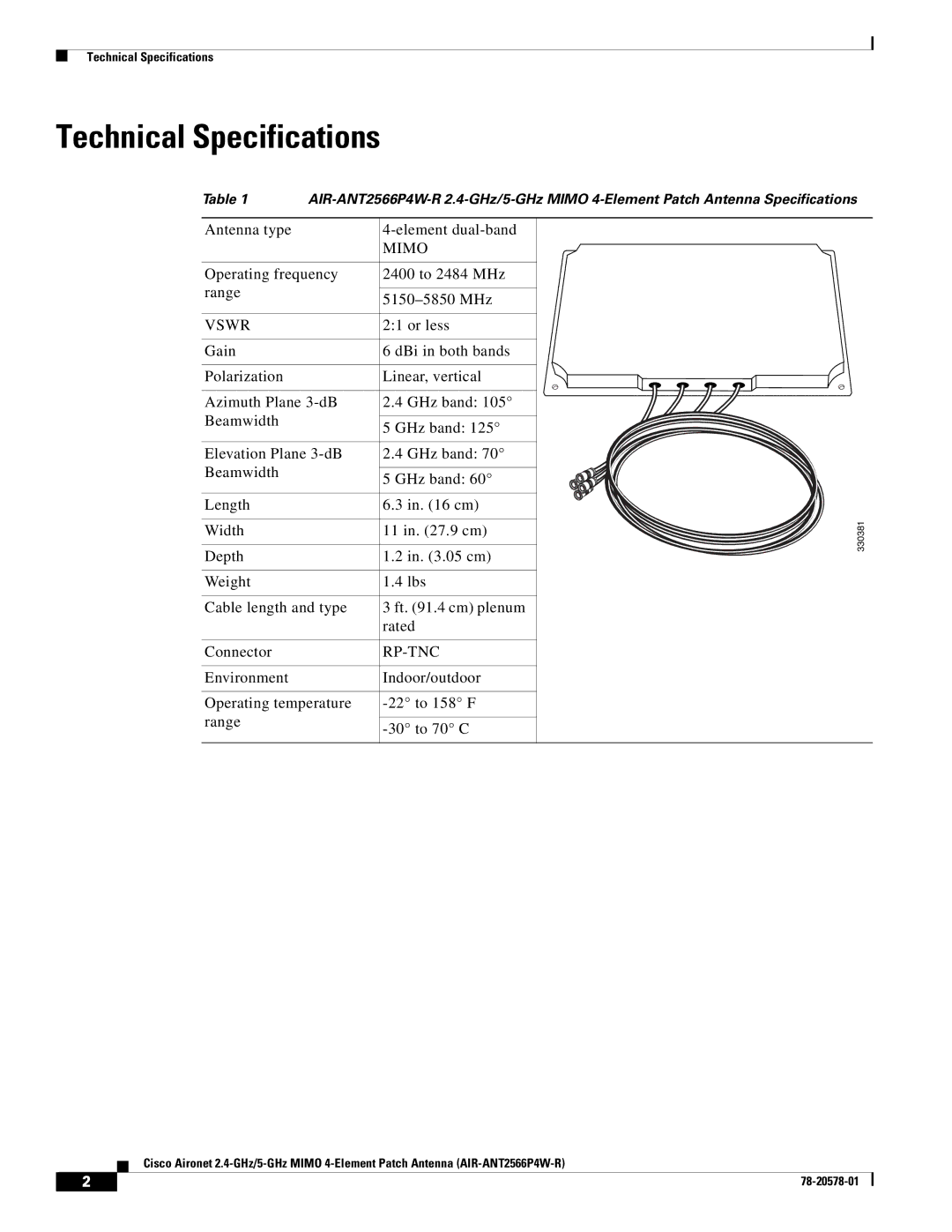 Cisco Systems AIRANT2566P4WR specifications Technical Specifications, Vswr 