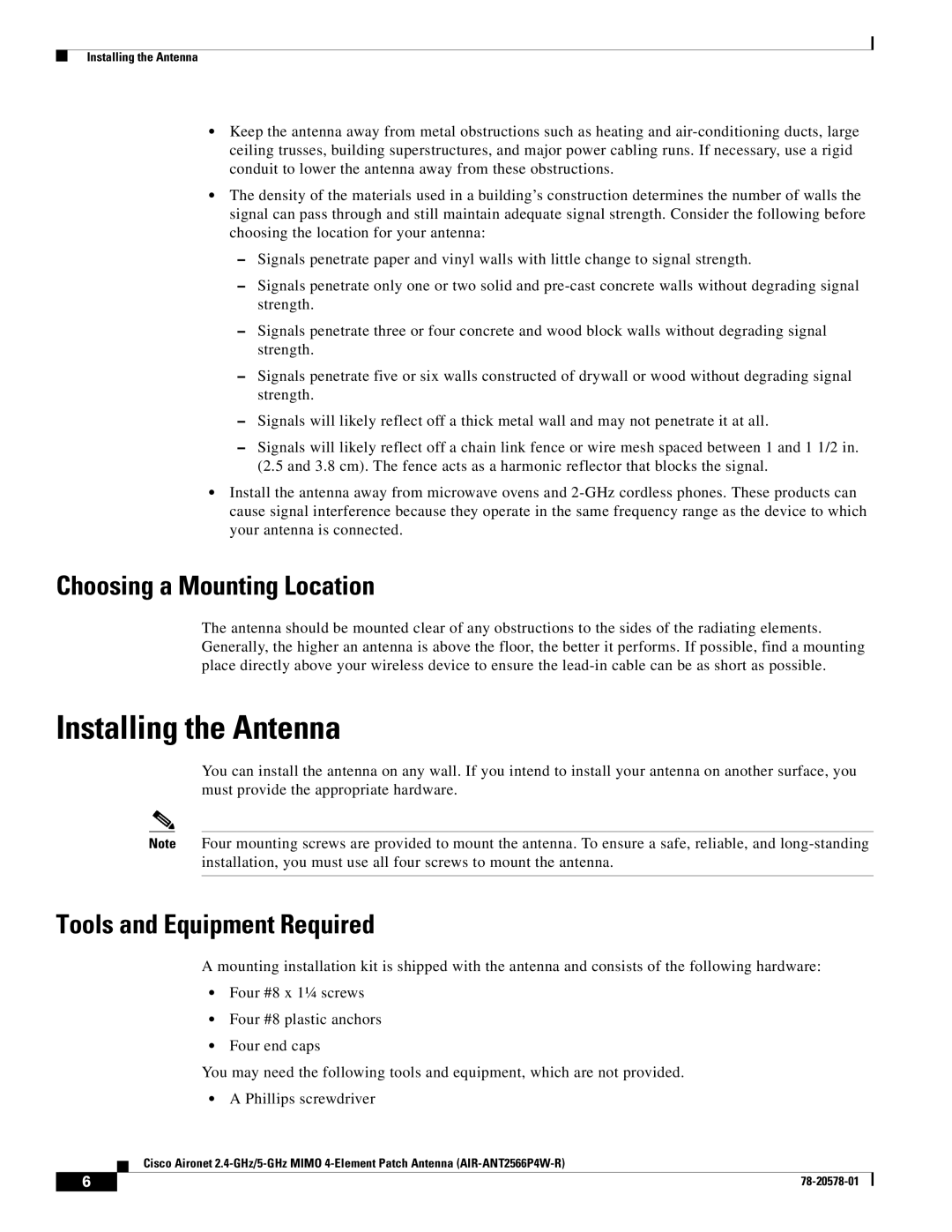 Cisco Systems AIRANT2566P4WR Installing the Antenna, Choosing a Mounting Location, Tools and Equipment Required 