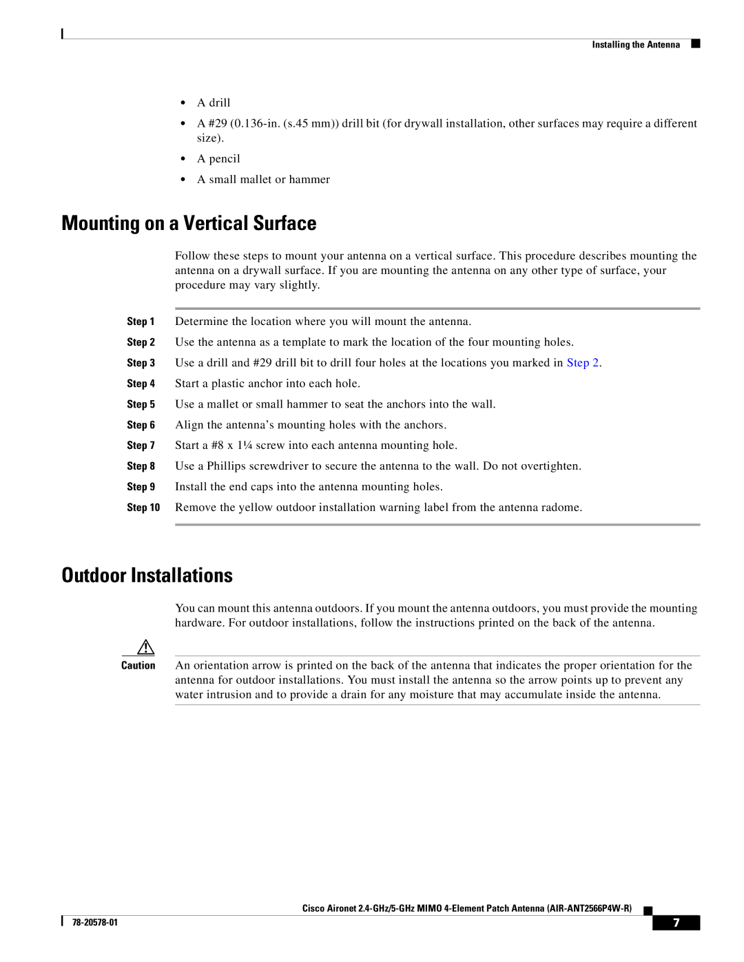 Cisco Systems AIRANT2566P4WR specifications Mounting on a Vertical Surface, Outdoor Installations 