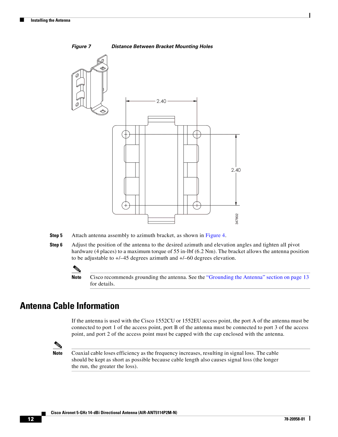 Cisco Systems AIRANT5114P2MN specifications Antenna Cable Information 