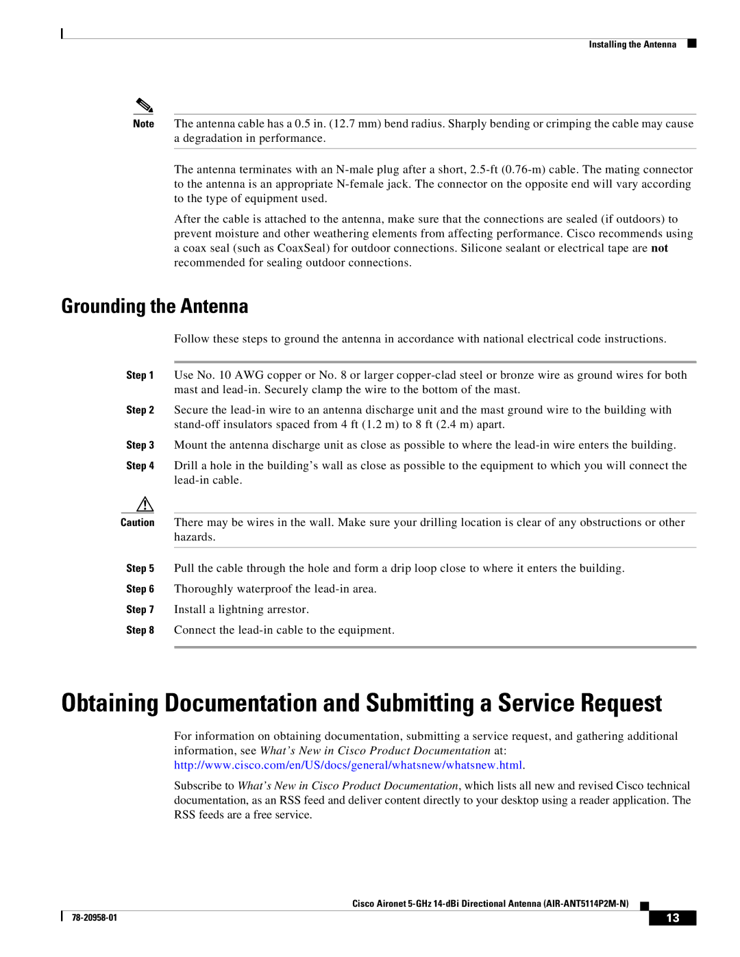 Cisco Systems AIRANT5114P2MN specifications Obtaining Documentation and Submitting a Service Request, Grounding the Antenna 