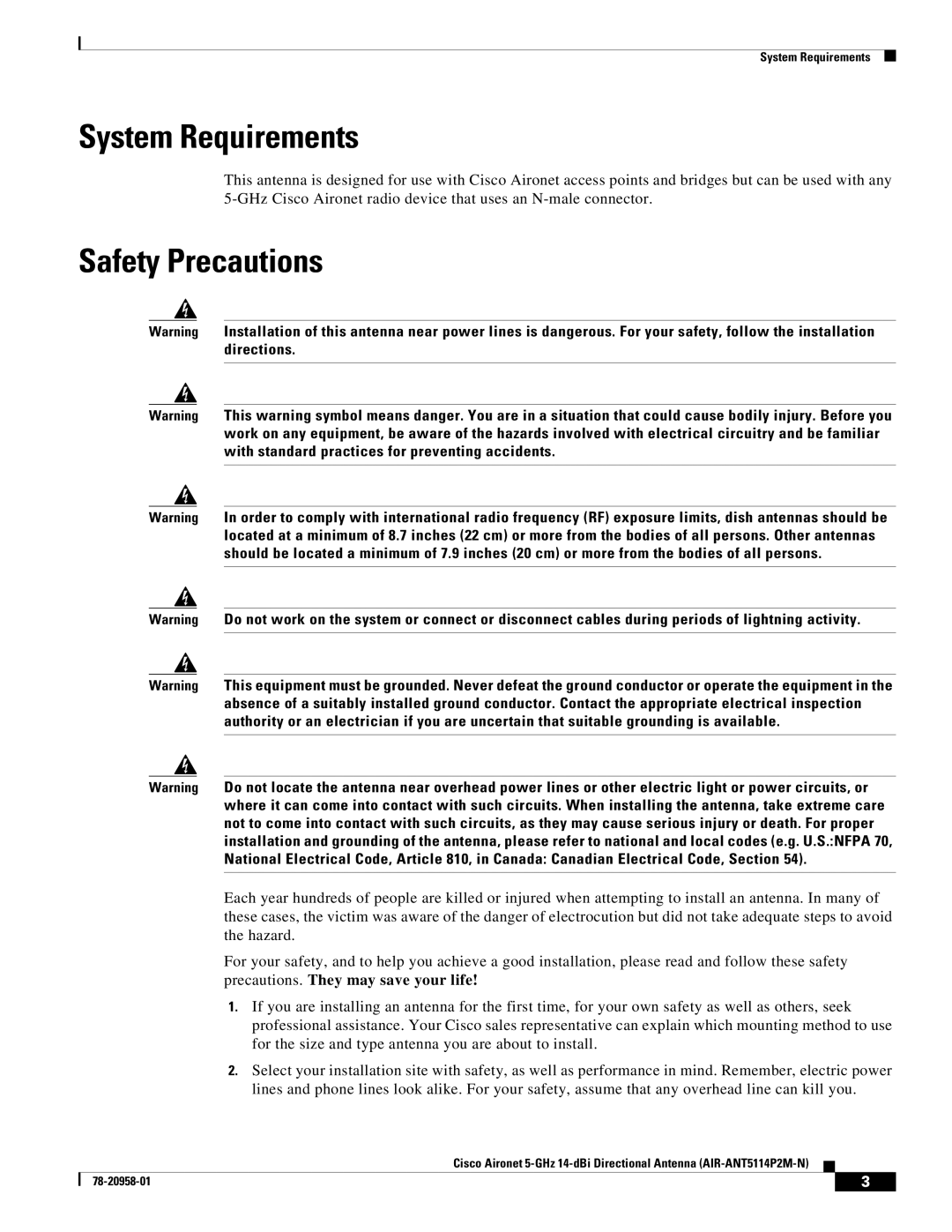 Cisco Systems AIRANT5114P2MN specifications System Requirements, Safety Precautions 