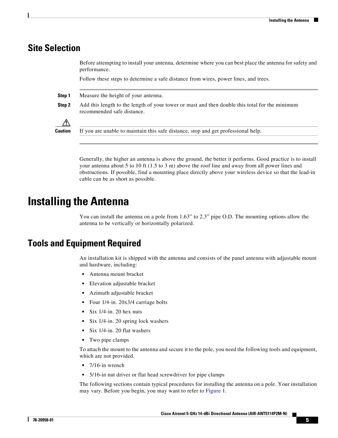 Cisco Systems AIRANT5114P2MN specifications Installing the Antenna, Site Selection, Tools and Equipment Required 