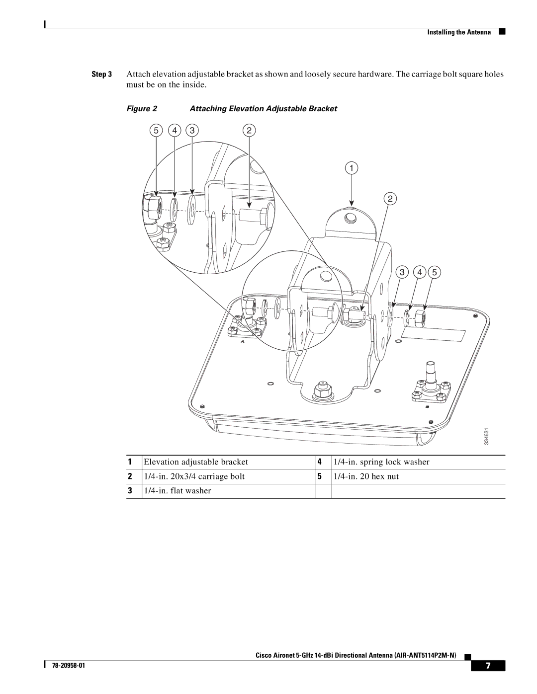 Cisco Systems AIRANT5114P2MN specifications Attaching Elevation Adjustable Bracket 