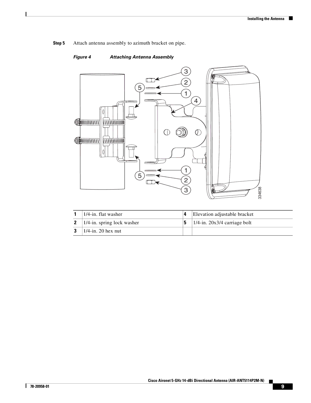 Cisco Systems AIRANT5114P2MN specifications Attach antenna assembly to azimuth bracket on pipe 