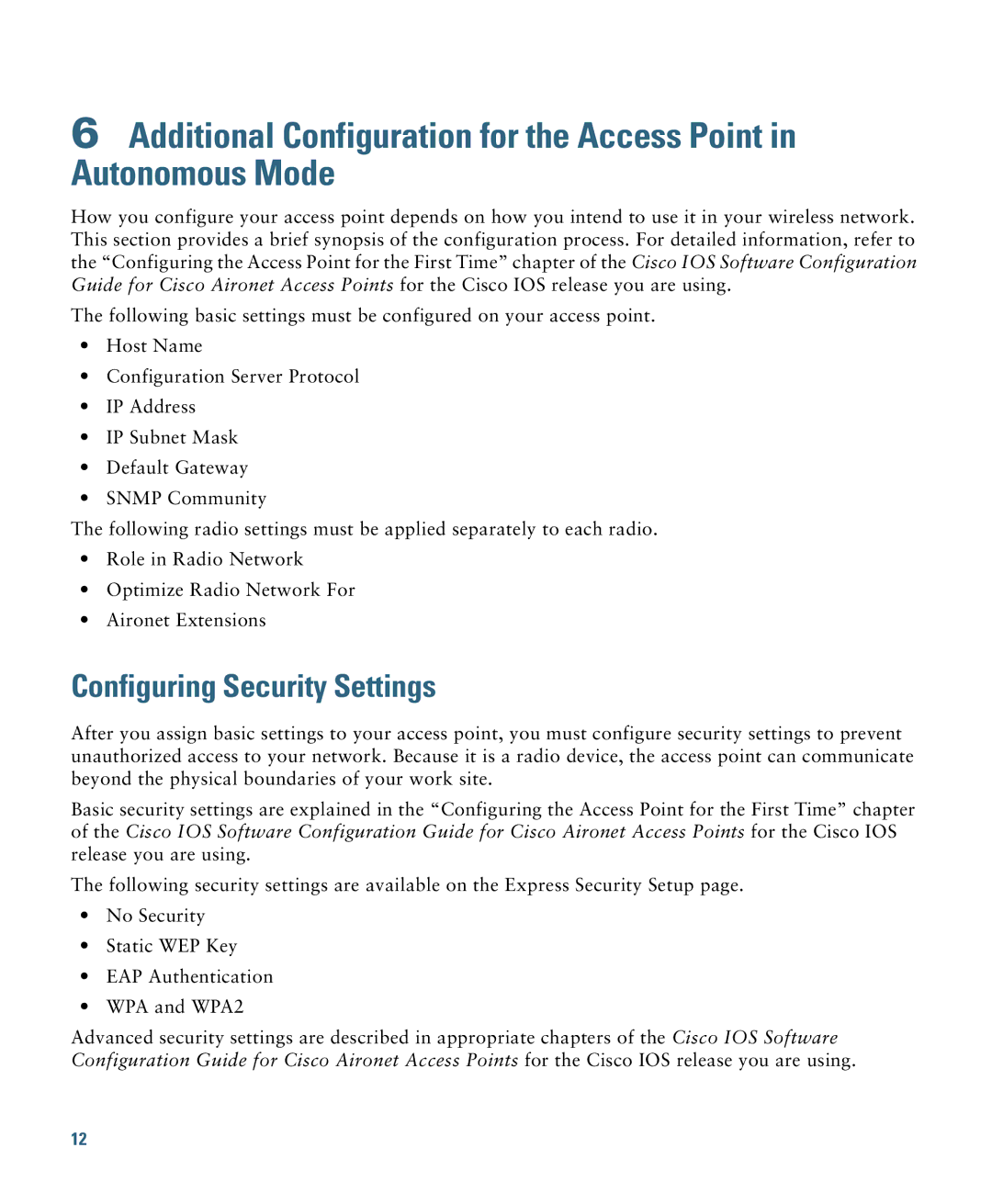 Cisco Systems AIRAP1041NAK9 specifications Configuring Security Settings 