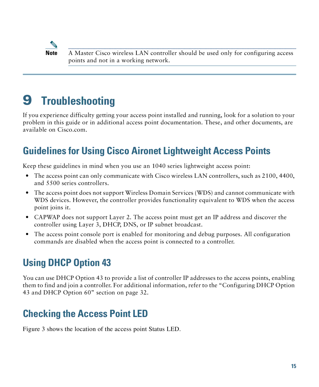 Cisco Systems AIRAP1041NAK9 specifications Troubleshooting, Using Dhcp Option, Checking the Access Point LED 