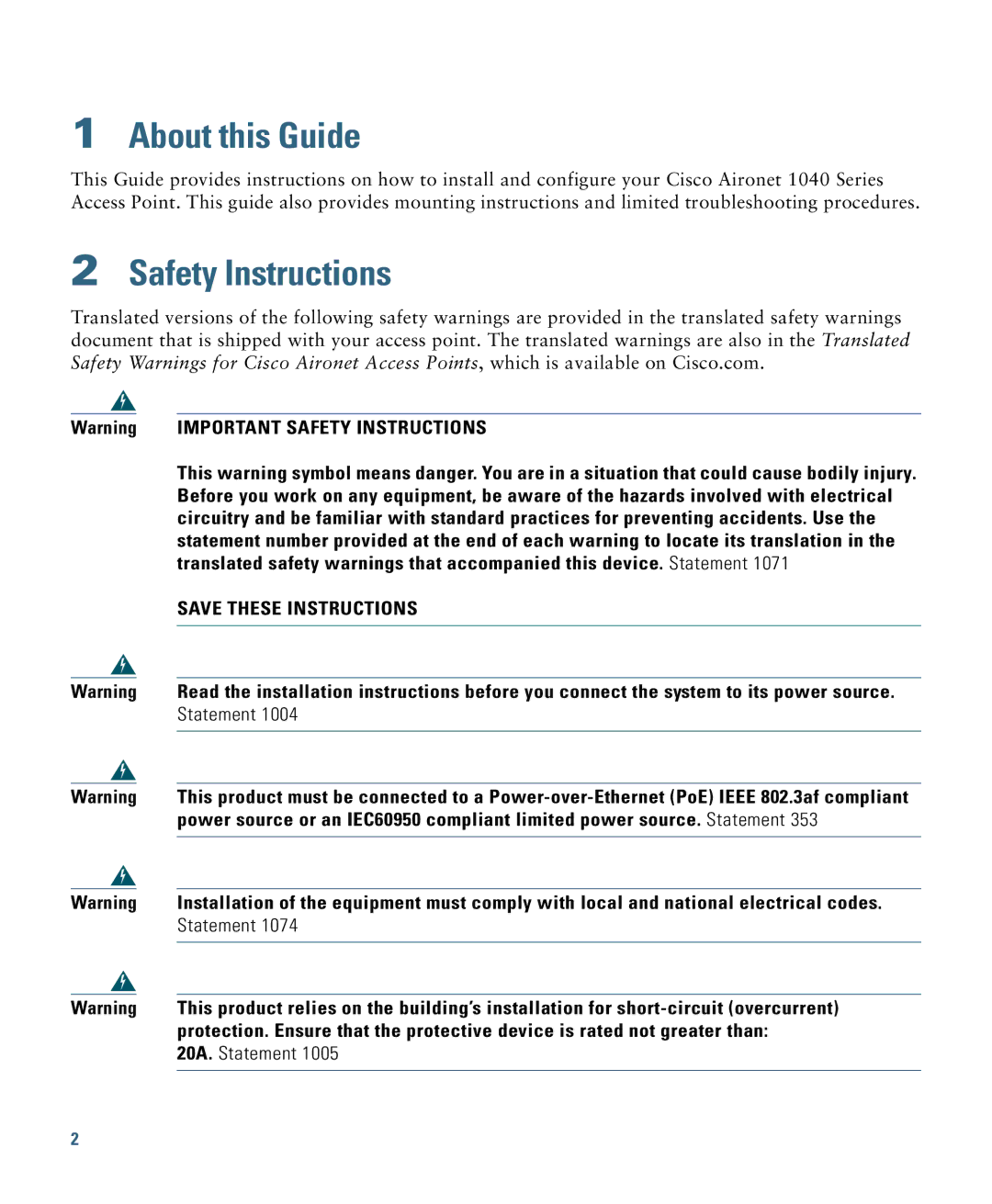 Cisco Systems AIRAP1041NAK9 specifications About this Guide, Safety Instructions 