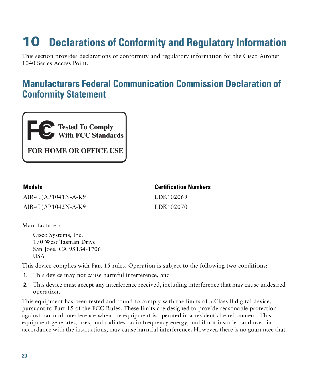 Cisco Systems AIRAP1041NAK9 specifications Declarations of Conformity and Regulatory Information 