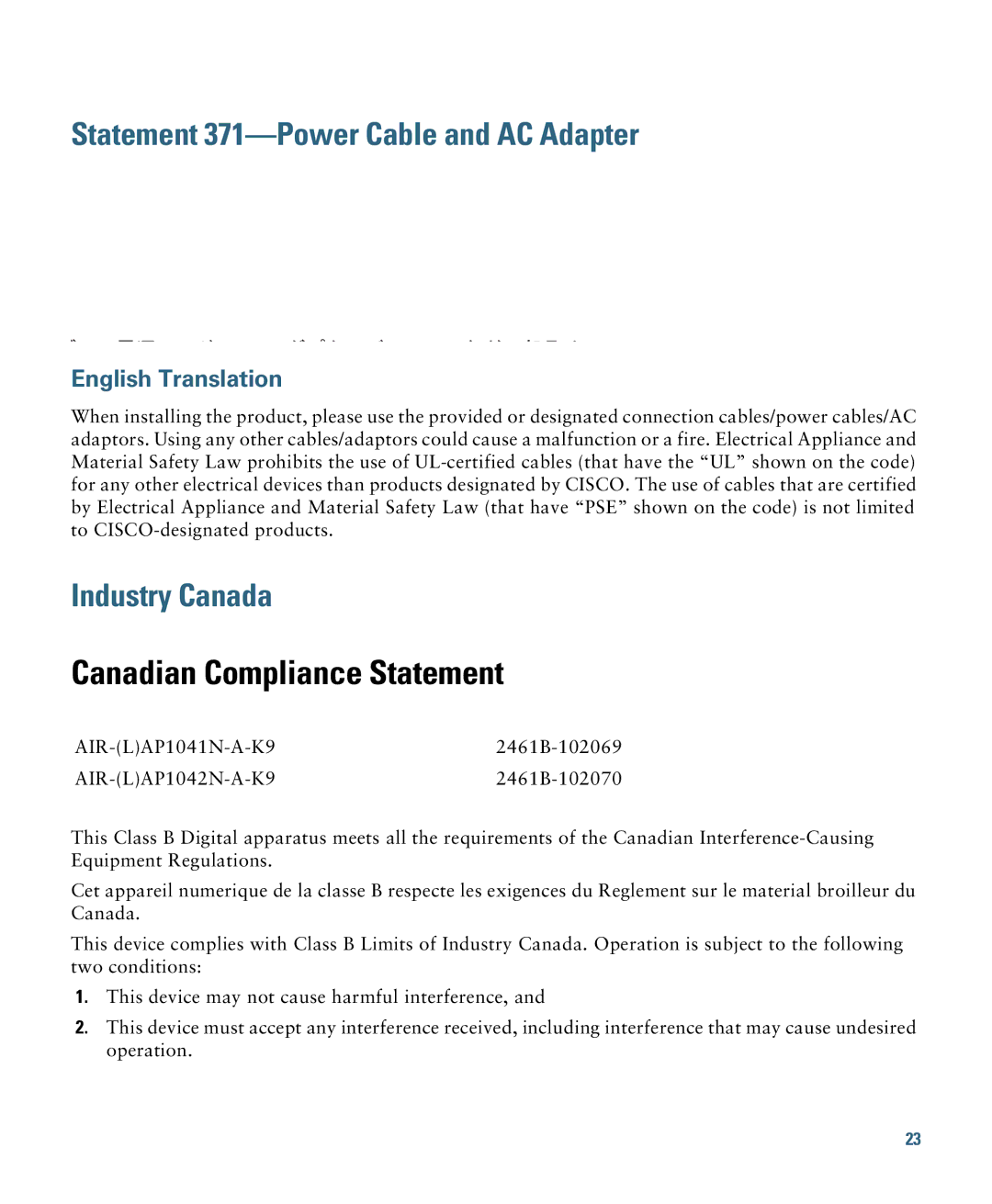 Cisco Systems AIRAP1041NAK9 specifications Statement 371-Power Cable and AC Adapter, Industry Canada 