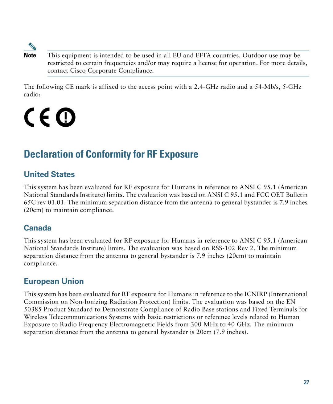 Cisco Systems AIRAP1041NAK9 specifications Declaration of Conformity for RF Exposure, United States 