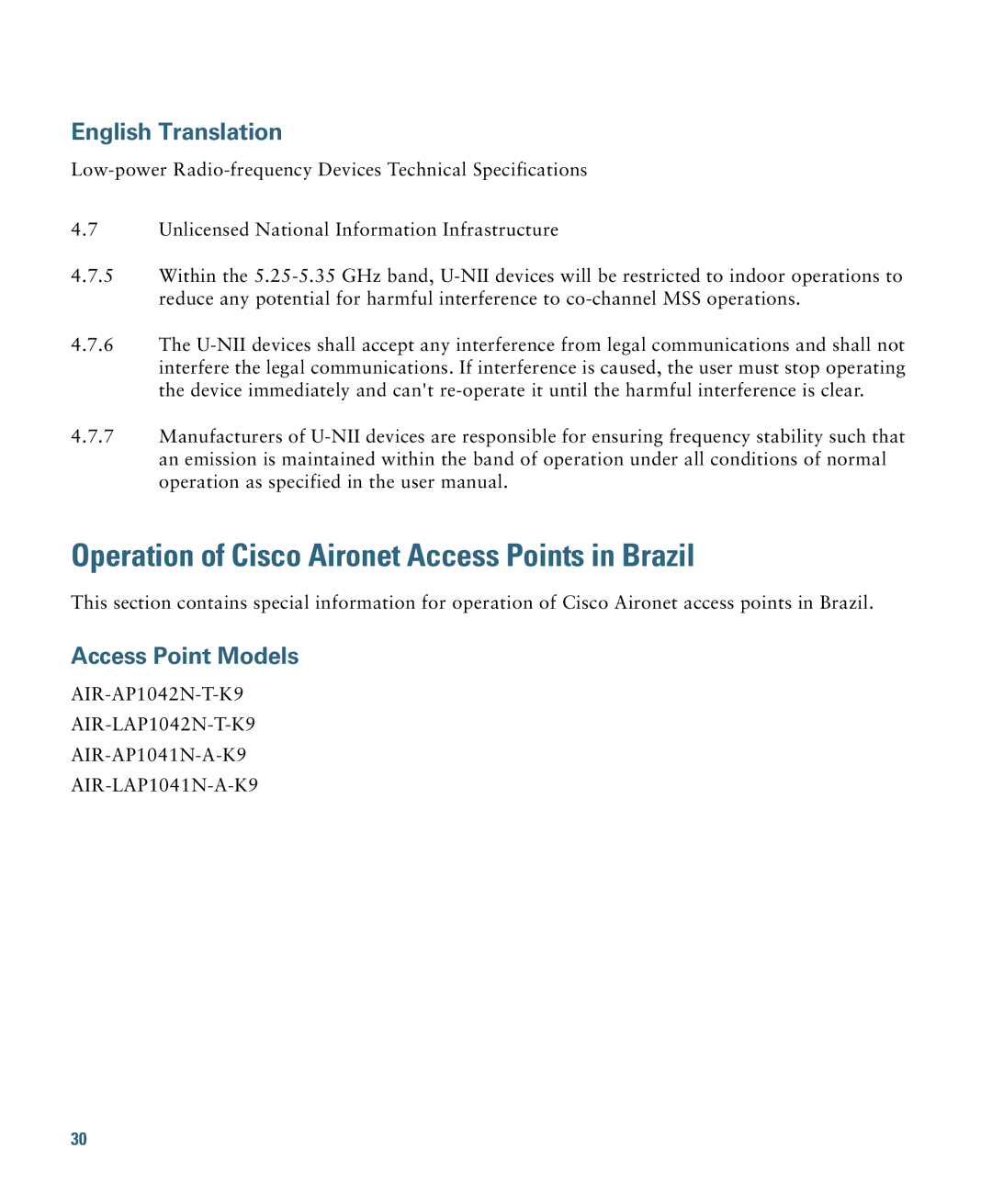 Cisco Systems AIRAP1041NAK9 specifications Operation of Cisco Aironet Access Points in Brazil 