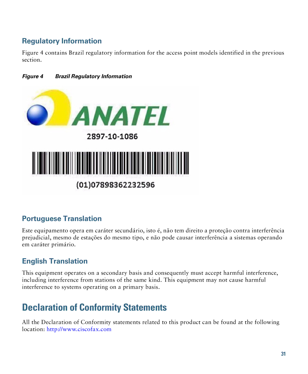 Cisco Systems AIRAP1041NAK9 specifications Declaration of Conformity Statements, Portuguese Translation 