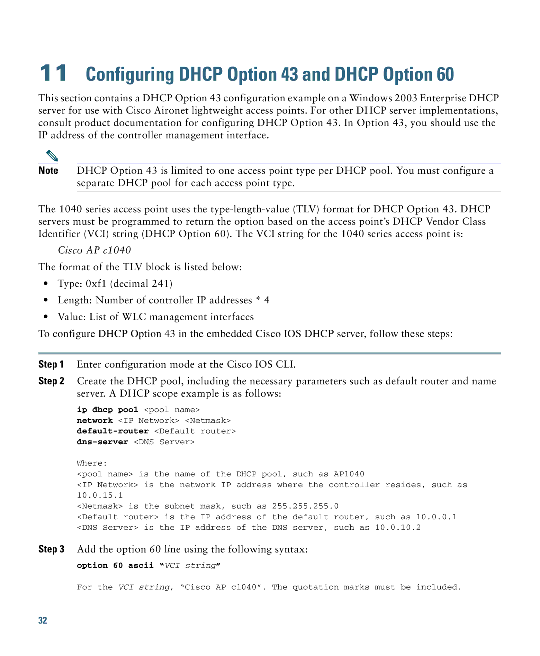 Cisco Systems AIRAP1041NAK9 specifications Configuring Dhcp Option 43 and Dhcp Option 