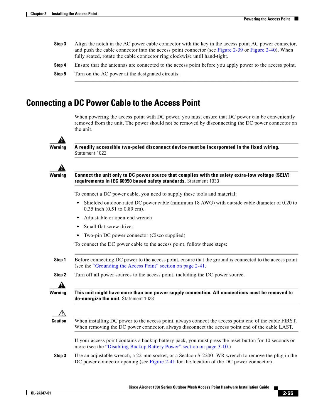 Cisco Systems AIRPWRINJ15002, AIRCAP1552EAK9RF, AIRCAP1552EUAK9 manual Connecting a DC Power Cable to the Access Point 