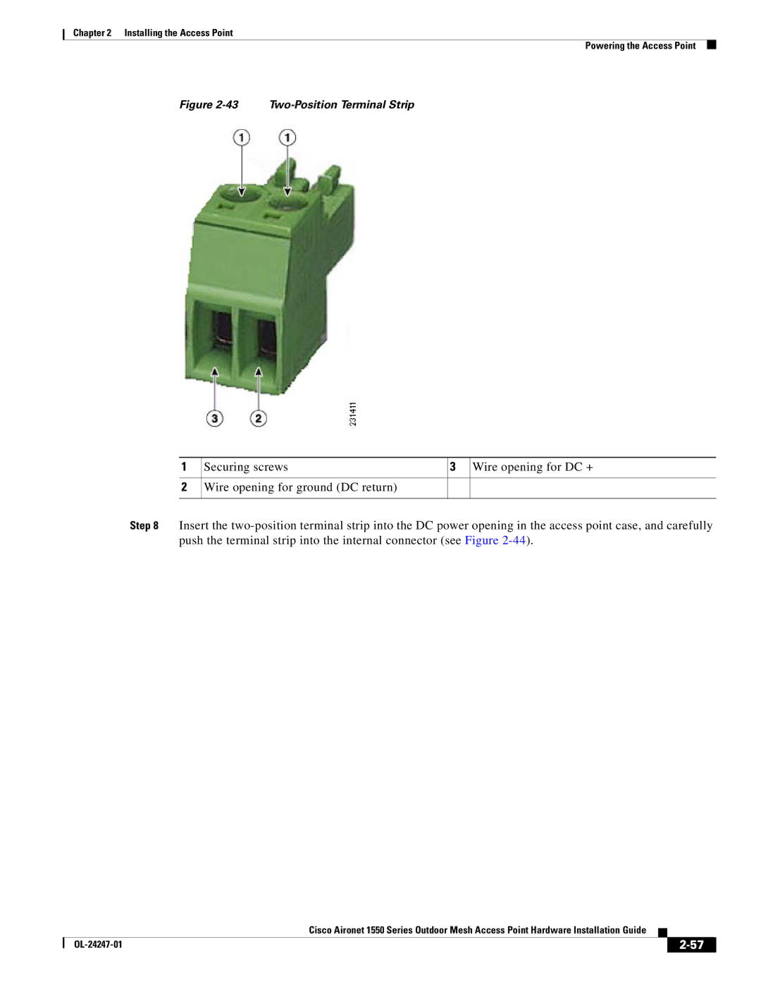 Cisco Systems AIRCAP1552EUAK9, AIRCAP1552EAK9RF, AIRPWRINJ15002 manual Two-Position Terminal Strip 