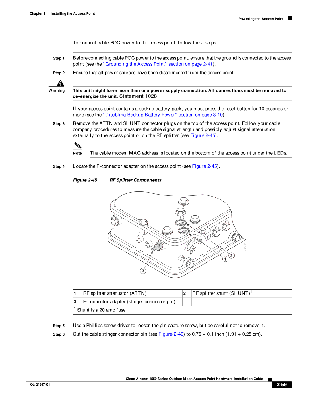 Cisco Systems AIRCAP1552EAK9RF, AIRCAP1552EUAK9, AIRPWRINJ15002 manual RF Splitter Components 