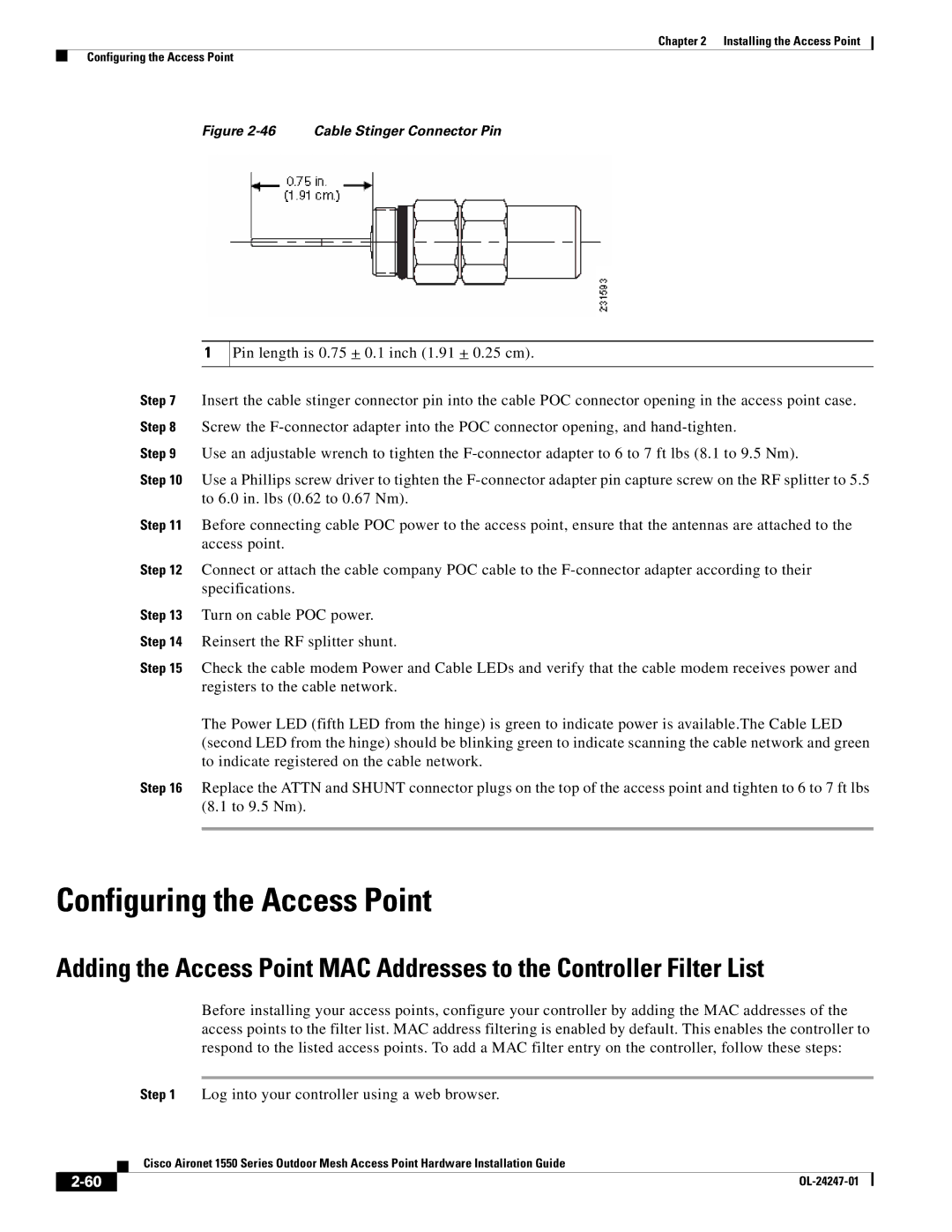 Cisco Systems AIRCAP1552EUAK9, AIRCAP1552EAK9RF, AIRPWRINJ15002 Configuring the Access Point, Cable Stinger Connector Pin 