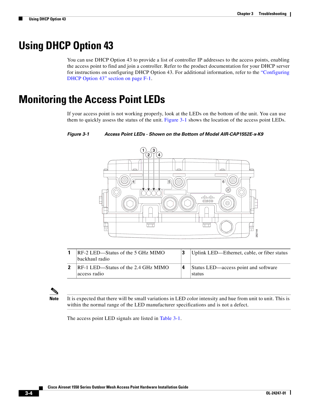 Cisco Systems AIRCAP1552EAK9RF, AIRCAP1552EUAK9, AIRPWRINJ15002 manual Using Dhcp Option, Monitoring the Access Point LEDs 