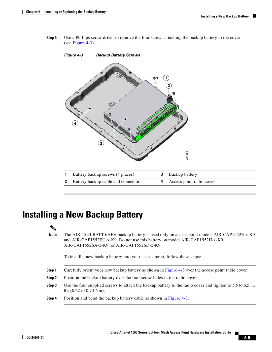 Cisco Systems AIRCAP1552EUAK9, AIRCAP1552EAK9RF, AIRPWRINJ15002 manual Installing a New Backup Battery, Backup Battery Screws 