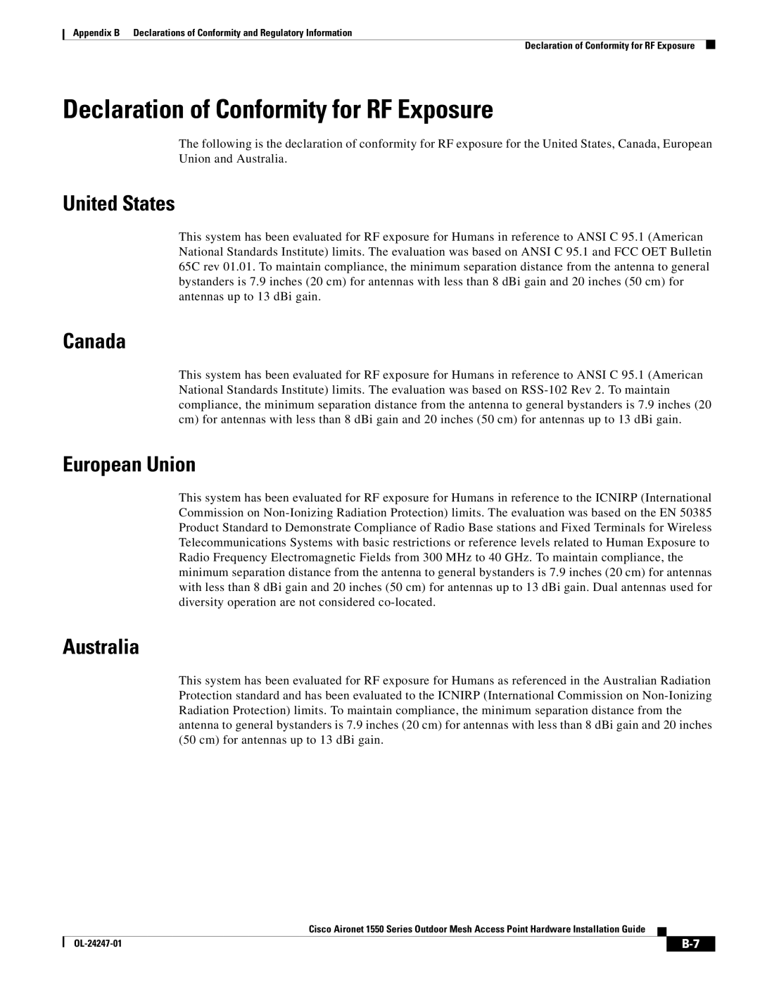 Cisco Systems AIRPWRINJ15002, AIRCAP1552EAK9RF, AIRCAP1552EUAK9 manual United States, Canada, European Union, Australia 