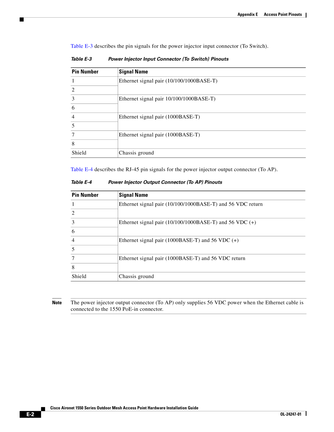 Cisco Systems AIRCAP1552EUAK9, AIRCAP1552EAK9RF, AIRPWRINJ15002 manual Ethernet signal pair 1000BASE-T 