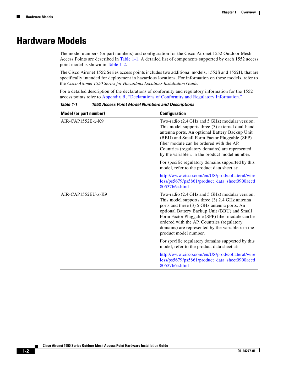 Cisco Systems AIRPWRINJ15002, AIRCAP1552EAK9RF, AIRCAP1552EUAK9 manual Hardware Models, Model or part number Configuration 