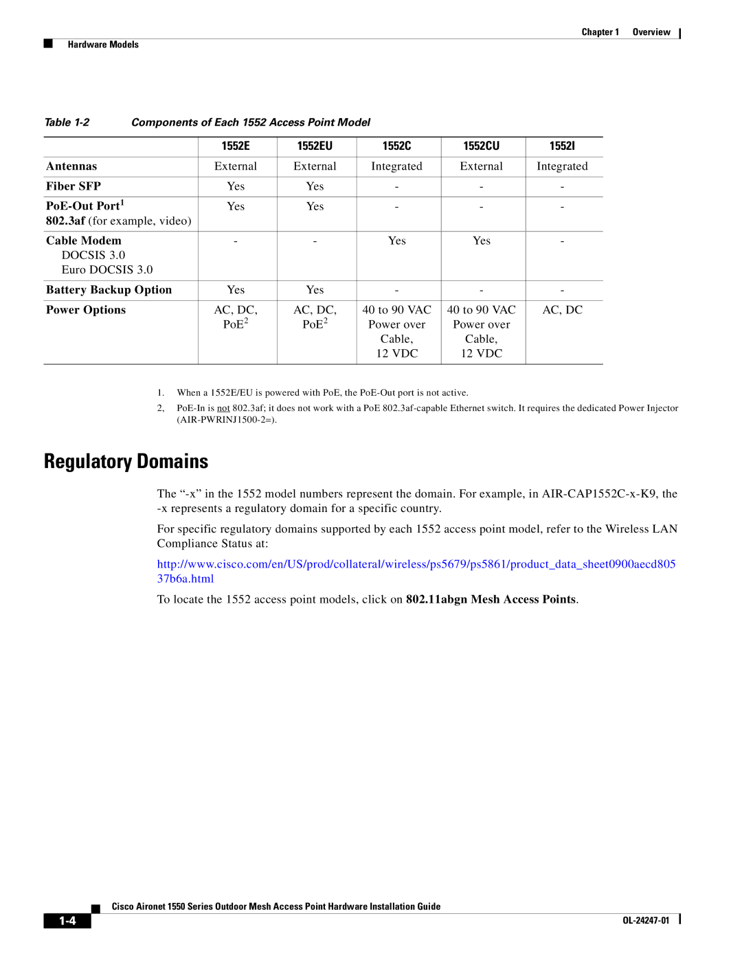 Cisco Systems AIRCAP1552EUAK9, AIRCAP1552EAK9RF, AIRPWRINJ15002 manual Regulatory Domains, Power Options 