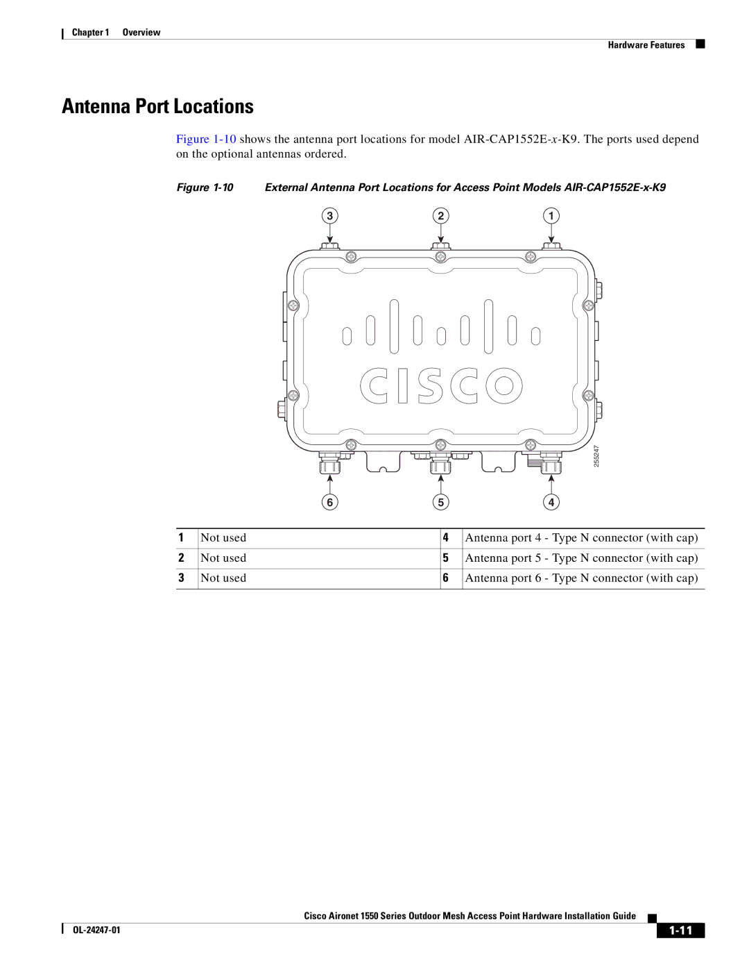 Cisco Systems AIRPWRINJ15002, AIRCAP1552EAK9RF, AIRCAP1552EUAK9 manual Antenna Port Locations 