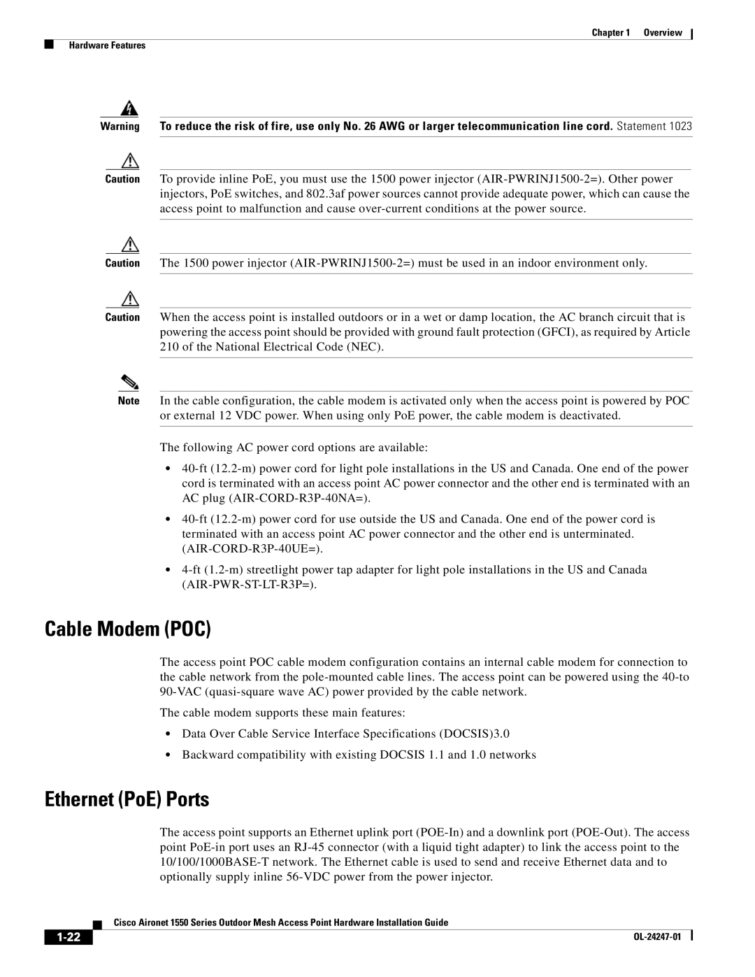 Cisco Systems AIRCAP1552EUAK9, AIRCAP1552EAK9RF, AIRPWRINJ15002 manual Cable Modem POC, Ethernet PoE Ports 