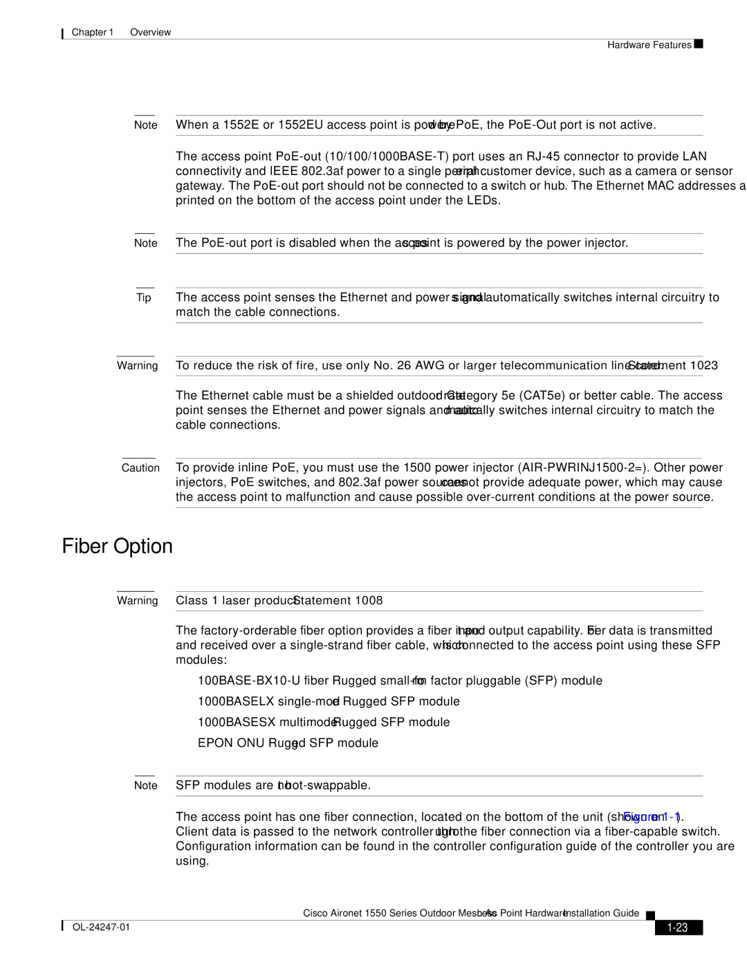 Cisco Systems AIRPWRINJ15002, AIRCAP1552EAK9RF, AIRCAP1552EUAK9 manual Fiber Option 