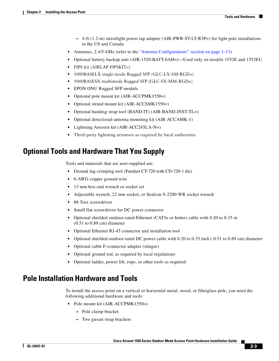 Cisco Systems AIRCAP1552EUAK9 manual Optional Tools and Hardware That You Supply, Pole Installation Hardware and Tools 