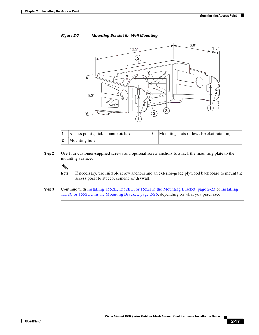 Cisco Systems AIRCAP1552EAK9RF, AIRCAP1552EUAK9, AIRPWRINJ15002 manual Mounting Bracket for Wall Mounting 