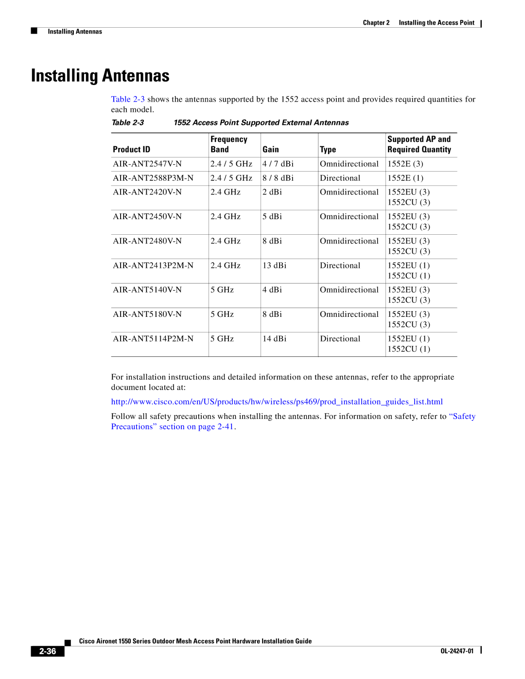 Cisco Systems AIRCAP1552EUAK9, AIRCAP1552EAK9RF, AIRPWRINJ15002 Installing Antennas, Frequency, Product ID Band Gain Type 