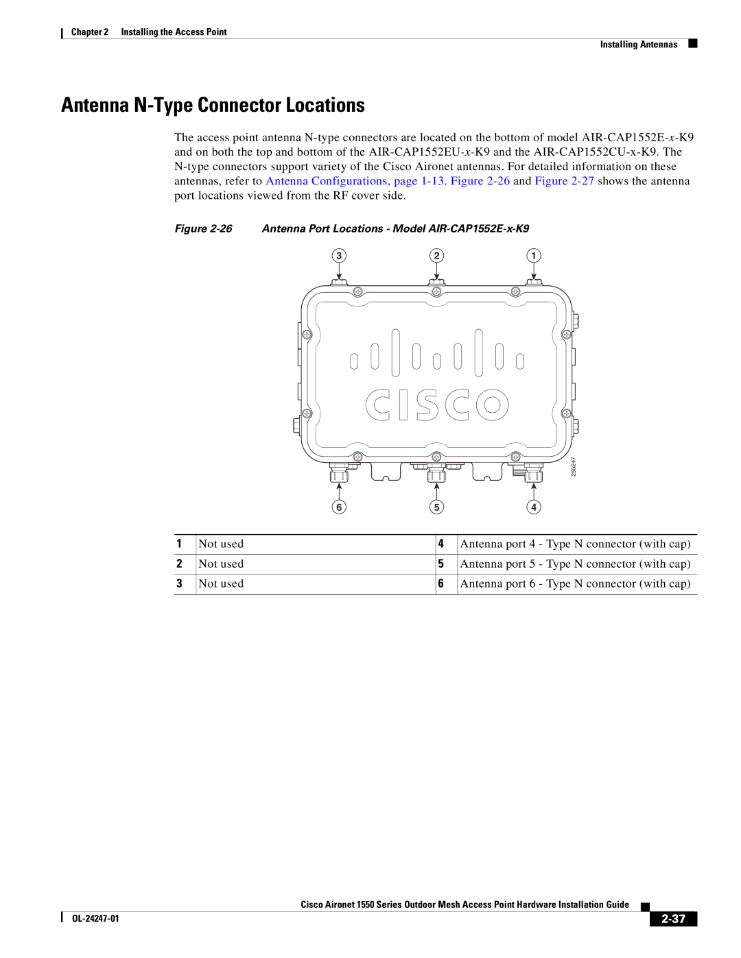 Cisco Systems AIRPWRINJ15002 manual Antenna N-Type Connector Locations, Antenna Port Locations Model AIR-CAP1552E-x-K9 