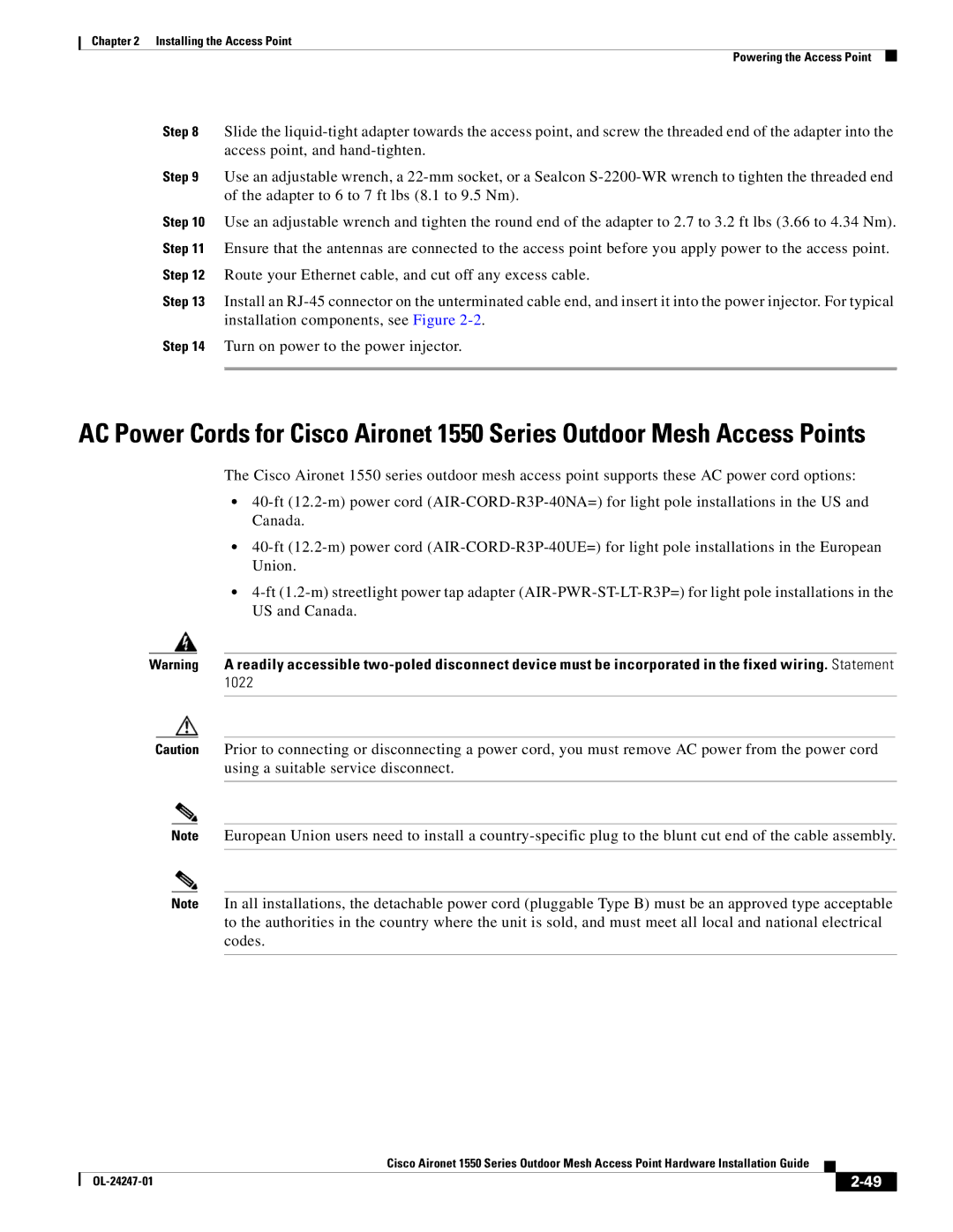 Cisco Systems AIRPWRINJ15002, AIRCAP1552EAK9RF, AIRCAP1552EUAK9 manual 1022 