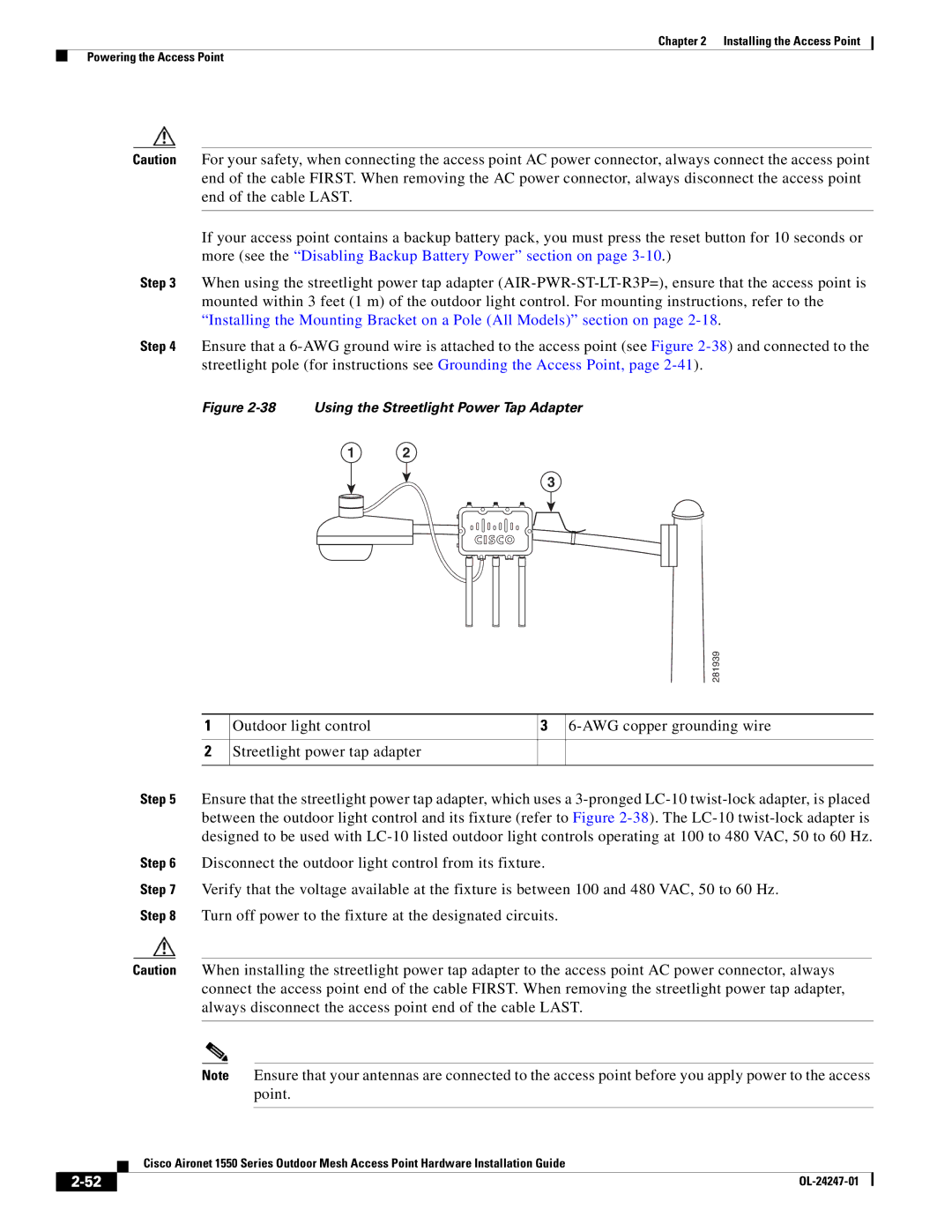 Cisco Systems AIRPWRINJ15002, AIRCAP1552EAK9RF, AIRCAP1552EUAK9 manual Using the Streetlight Power Tap Adapter 