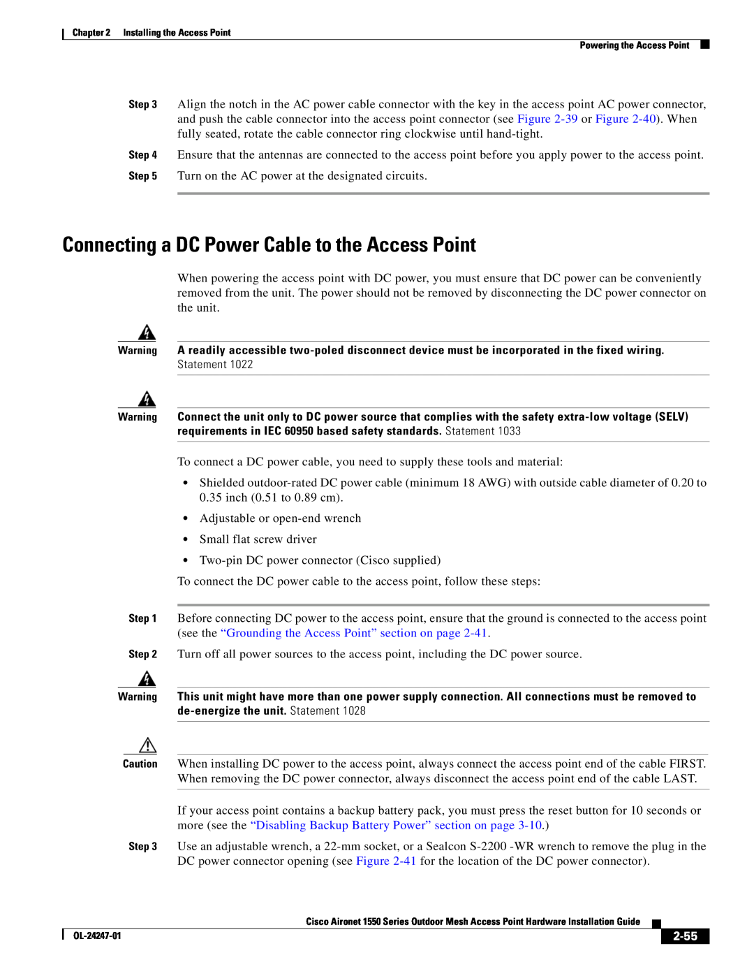Cisco Systems AIRPWRINJ15002, AIRCAP1552EAK9RF, AIRCAP1552EUAK9 manual Connecting a DC Power Cable to the Access Point, 2-55 