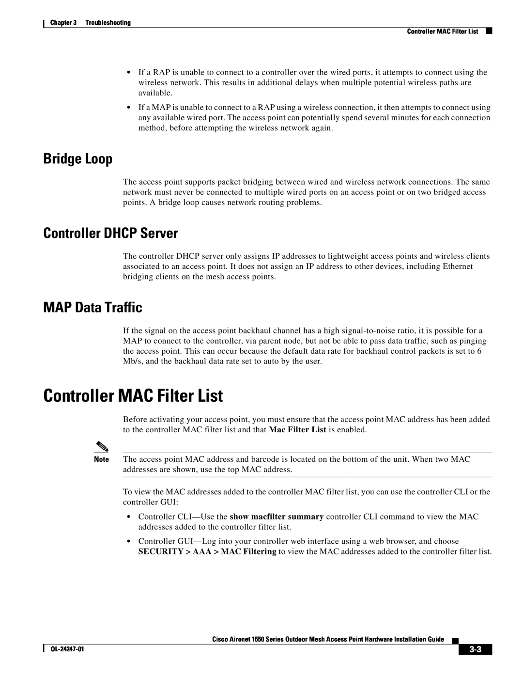 Cisco Systems AIRPWRINJ15002 manual Controller MAC Filter List, Bridge Loop, Controller DHCP Server, MAP Data Traffic 