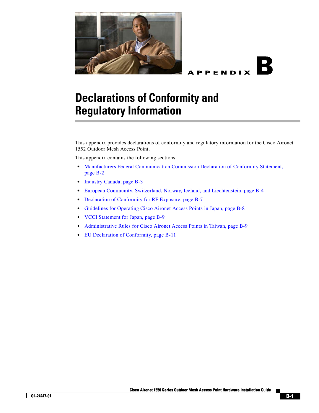 Cisco Systems AIRPWRINJ15002, AIRCAP1552EAK9RF Declarations of Conformity and Regulatory Information, A P P E N D I X B 