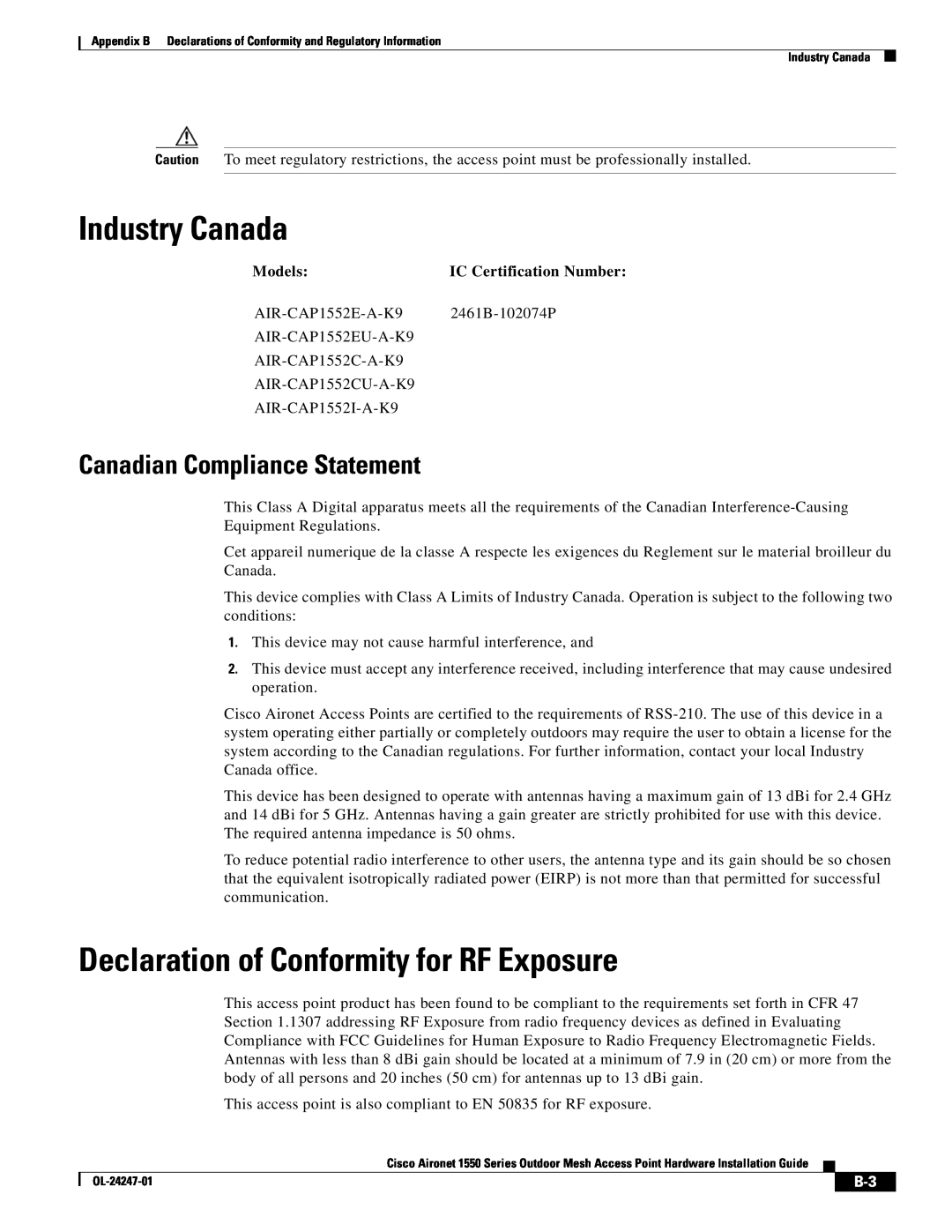 Cisco Systems AIRCAP1552EUAK9 Industry Canada, Declaration of Conformity for RF Exposure, Canadian Compliance Statement 