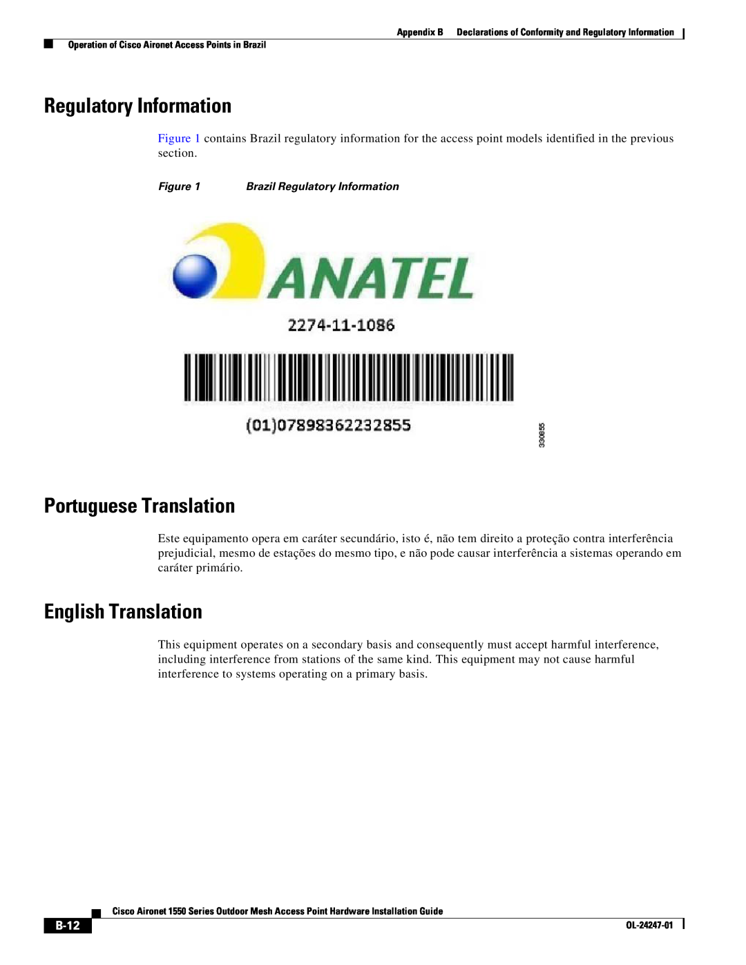 Cisco Systems AIRCAP1552EUAK9, AIRCAP1552EAK9RF Regulatory Information, Portuguese Translation, B-12, English Translation 