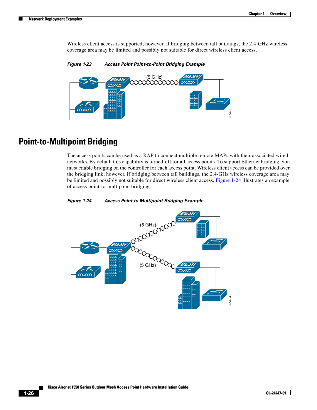 Cisco Systems AIRPWRINJ15002 manual Point-to-Multipoint Bridging, 1-26, 23 Access Point Point-to-Point Bridging Example 