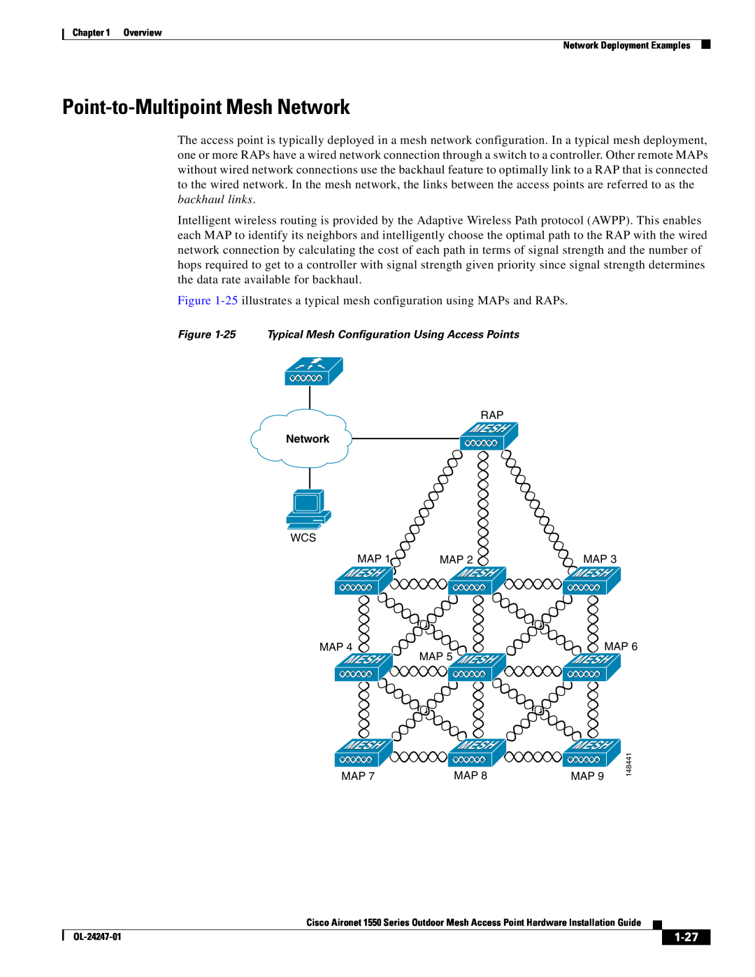 Cisco Systems AIRCAP1552EAK9RF Point-to-Multipoint Mesh Network, 1-27, 25 Typical Mesh Configuration Using Access Points 