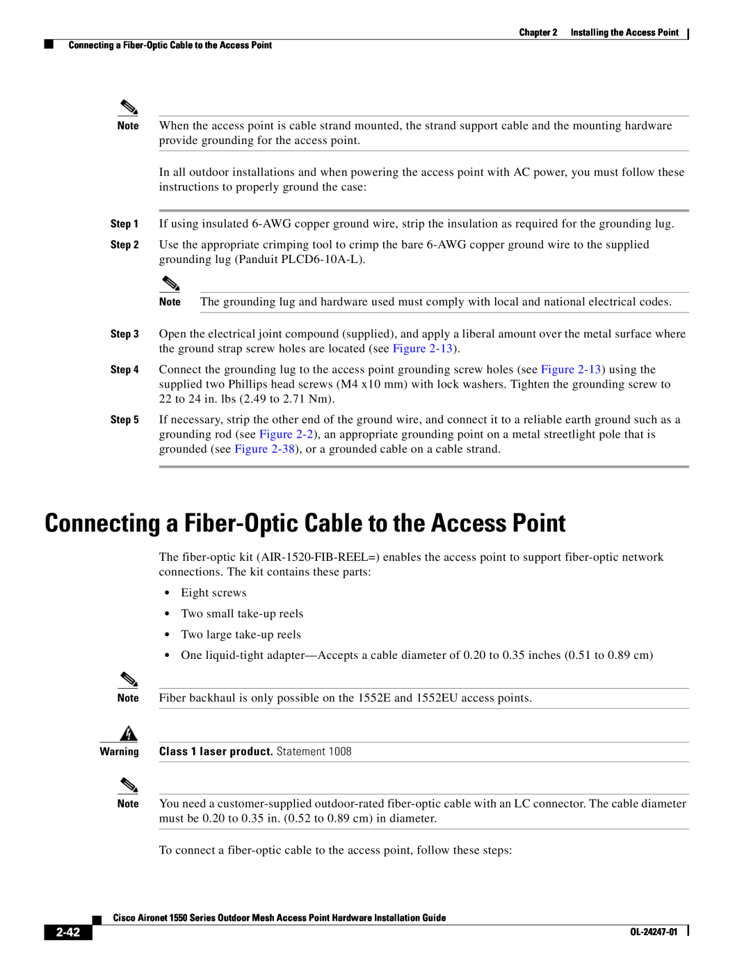 Cisco Systems AIRCAP1552EUAK9, AIRCAP1552EAK9RF, AIRPWRINJ15002 Connecting a Fiber-Optic Cable to the Access Point, 2-42 