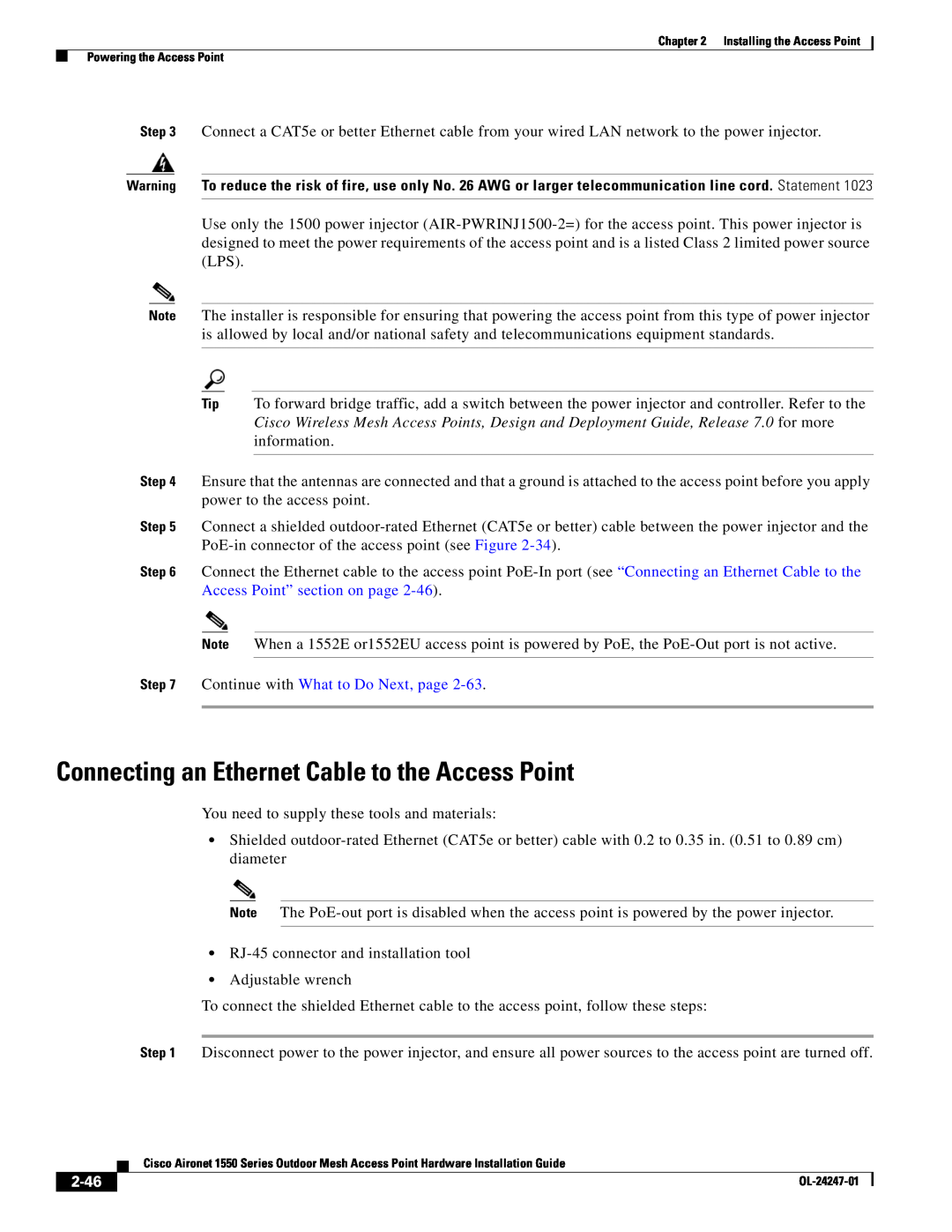 Cisco Systems AIRPWRINJ15002 Connecting an Ethernet Cable to the Access Point, Continue with What to Do Next, page, 2-46 